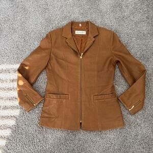 Jones New York VINTAGE Brown Leather Jacket Full Zip Lined Pockets Women Medium